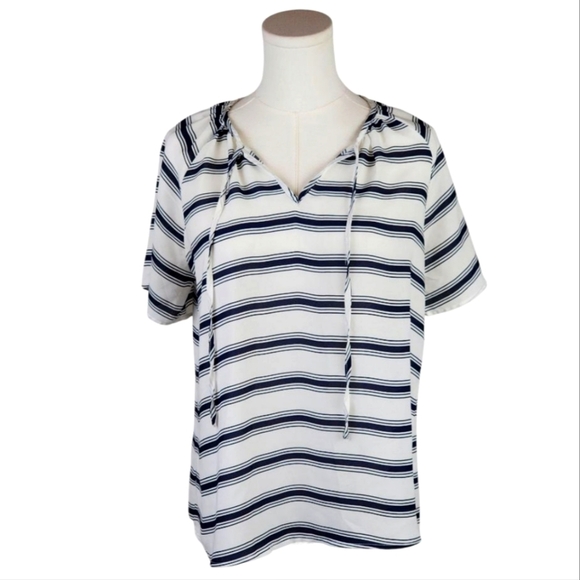 Charming Charlie Striped V-Neck Tie Blouse Top Navy White Short Sleeve M - Picture 1 of 7